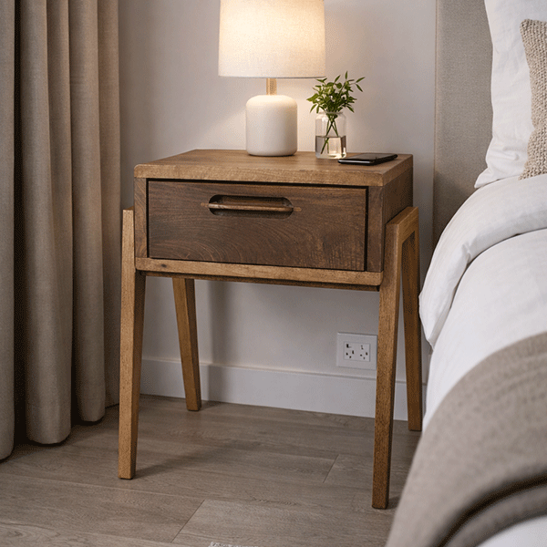 Solid Walnut Nightstand with Drawer, Japandi Minimal Bedside Table - Hashi