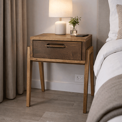 Solid Walnut Nightstand with Drawer, Japandi Minimal Bedside Table - Hashi