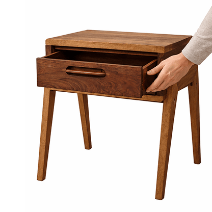 Solid Walnut Nightstand with Drawer, Japandi Minimal Bedside Table - Hashi