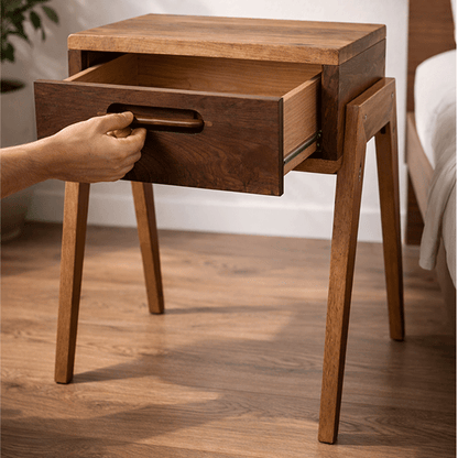 Solid Walnut Nightstand with Drawer, Japandi Minimal Bedside Table - Hashi