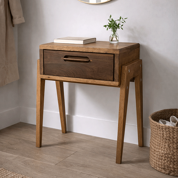 Solid Walnut Nightstand with Drawer, Japandi Minimal Bedside Table - Hashi