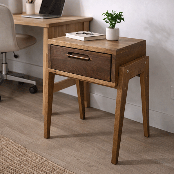 Solid Walnut Nightstand with Drawer, Japandi Minimal Bedside Table - Hashi