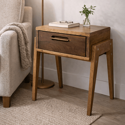 Solid Walnut Nightstand with Drawer, Japandi Minimal Bedside Table - Hashi