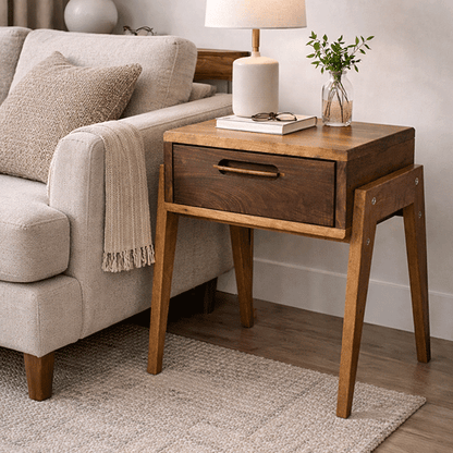 Solid Walnut Nightstand with Drawer, Japandi Minimal Bedside Table - Hashi